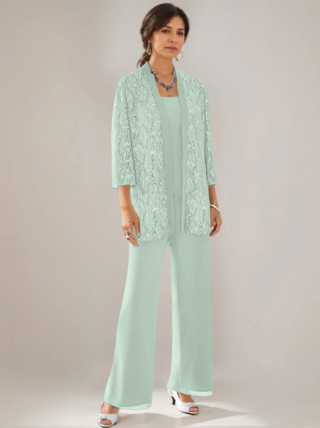 3 Pieces Scoop Neck 3/4 Sleeves Ankle-Length Mother of the Bride Pantsuits with Lace