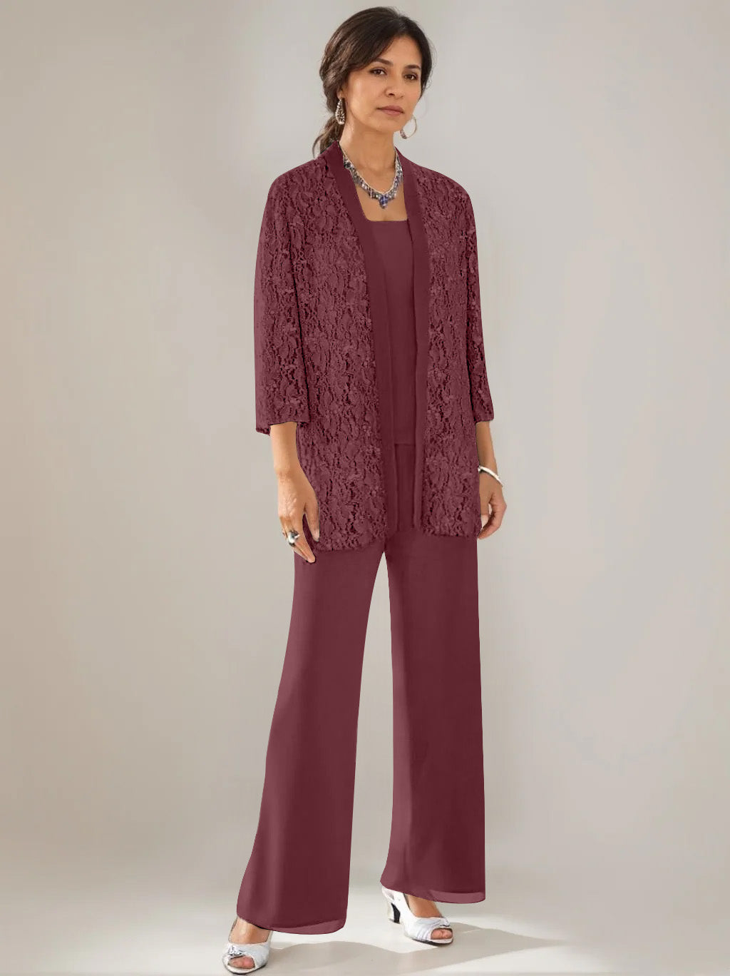 3 Pieces Scoop Neck 3/4 Sleeves Ankle-Length Mother of the Bride Pantsuits with Lace