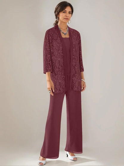 3 Pieces Scoop Neck 3/4 Sleeves Ankle-Length Mother of the Bride Pantsuits with Lace