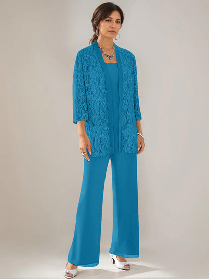 3 Pieces Scoop Neck 3/4 Sleeves Ankle-Length Mother of the Bride Pantsuits with Lace