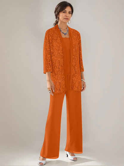 3 Pieces Scoop Neck 3/4 Sleeves Ankle-Length Mother of the Bride Pantsuits with Lace