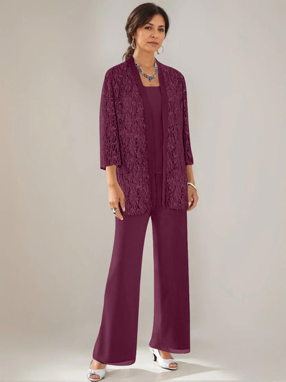 3 Pieces Scoop Neck 3/4 Sleeves Ankle-Length Mother of the Bride Pantsuits with Lace