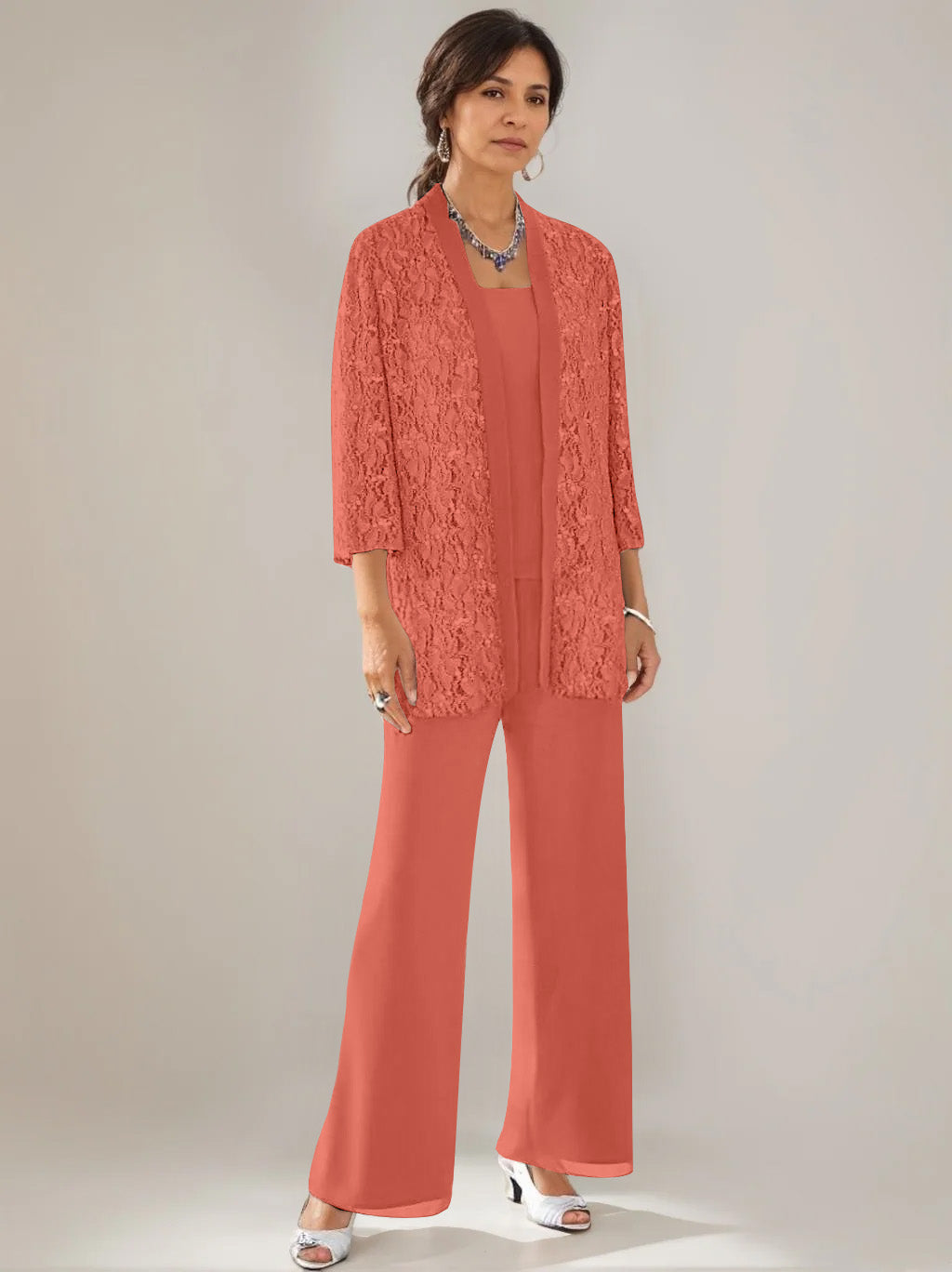3 Pieces Scoop Neck 3/4 Sleeves Ankle-Length Mother of the Bride Pantsuits with Lace