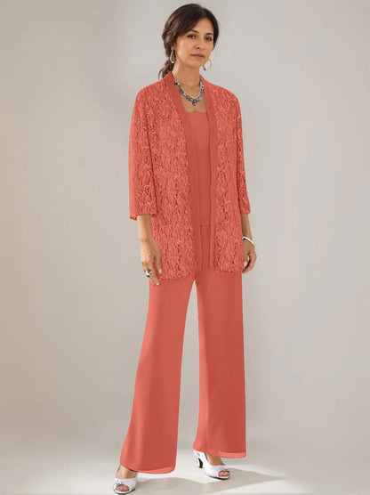 3 Pieces Scoop Neck 3/4 Sleeves Ankle-Length Mother of the Bride Pantsuits with Lace