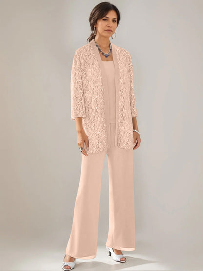 3 Pieces Scoop Neck 3/4 Sleeves Ankle-Length Mother of the Bride Pantsuits with Lace