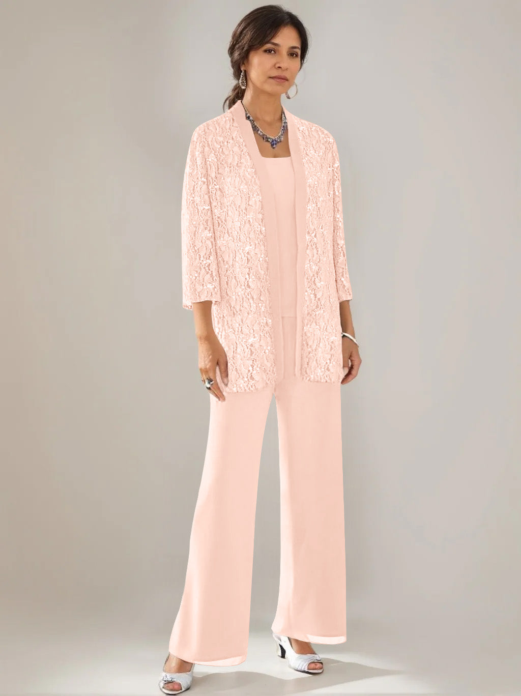 3 Pieces Scoop Neck 3/4 Sleeves Ankle-Length Mother of the Bride Pantsuits with Lace