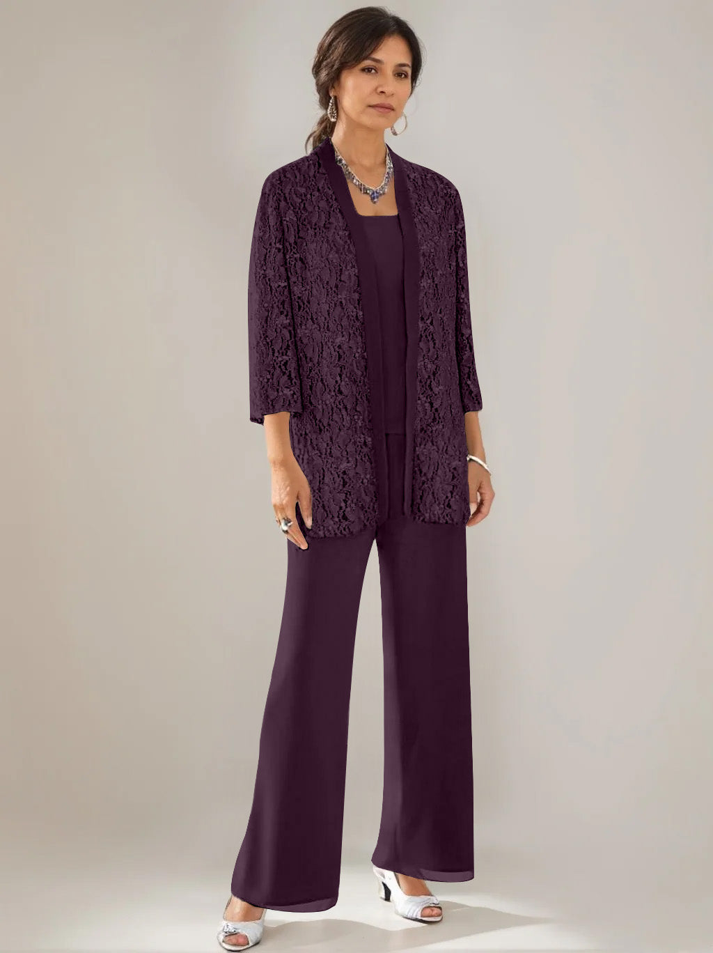 3 Pieces Scoop Neck 3/4 Sleeves Ankle-Length Mother of the Bride Pantsuits with Lace