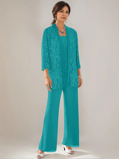 3 Pieces Scoop Neck 3/4 Sleeves Ankle-Length Mother of the Bride Pantsuits with Lace
