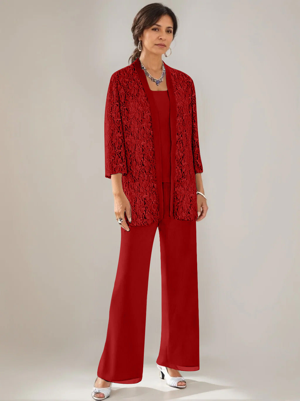 3 Pieces Scoop Neck 3/4 Sleeves Ankle-Length Mother of the Bride Pantsuits with Lace
