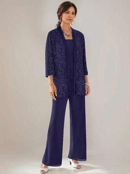 3 Pieces Scoop Neck 3/4 Sleeves Ankle-Length Mother of the Bride Pantsuits with Lace