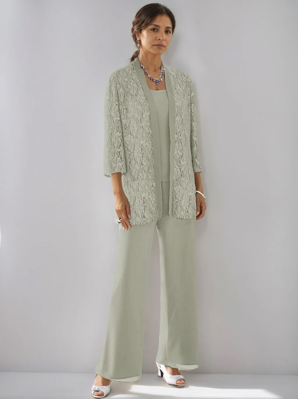 3 Pieces Scoop Neck 3/4 Sleeves Ankle-Length Mother of the Bride Pantsuits with Lace