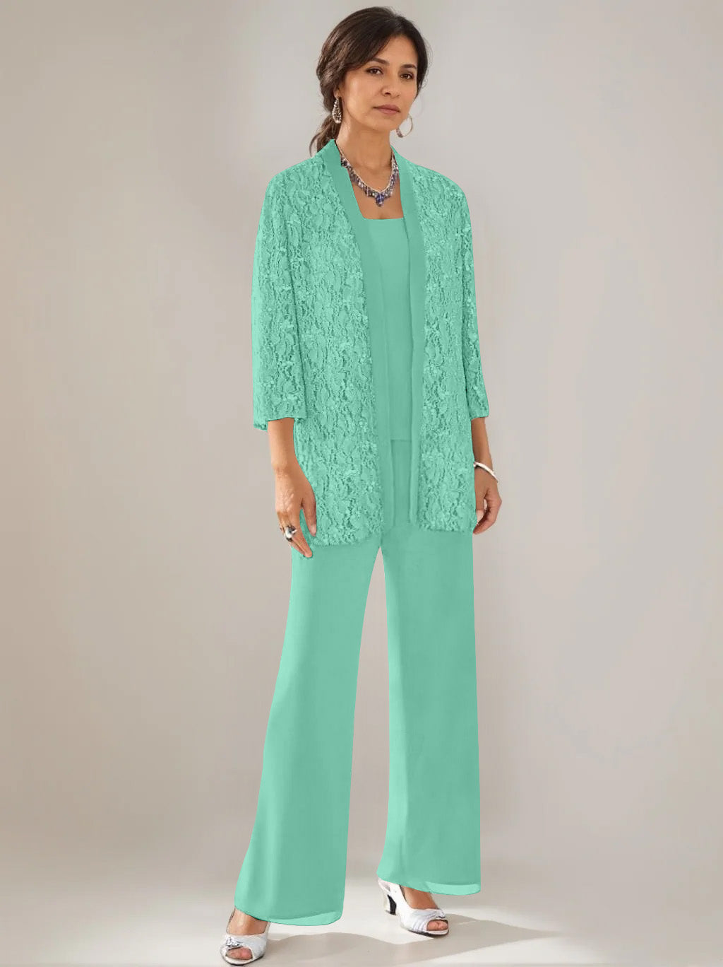3 Pieces Scoop Neck 3/4 Sleeves Ankle-Length Mother of the Bride Pantsuits with Lace