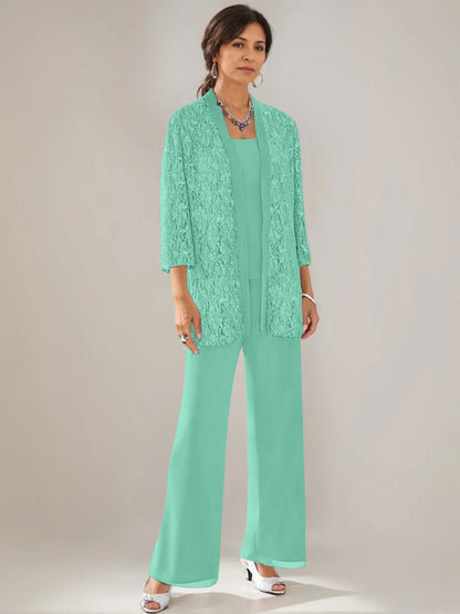 3 Pieces Scoop Neck 3/4 Sleeves Ankle-Length Mother of the Bride Pantsuits with Lace