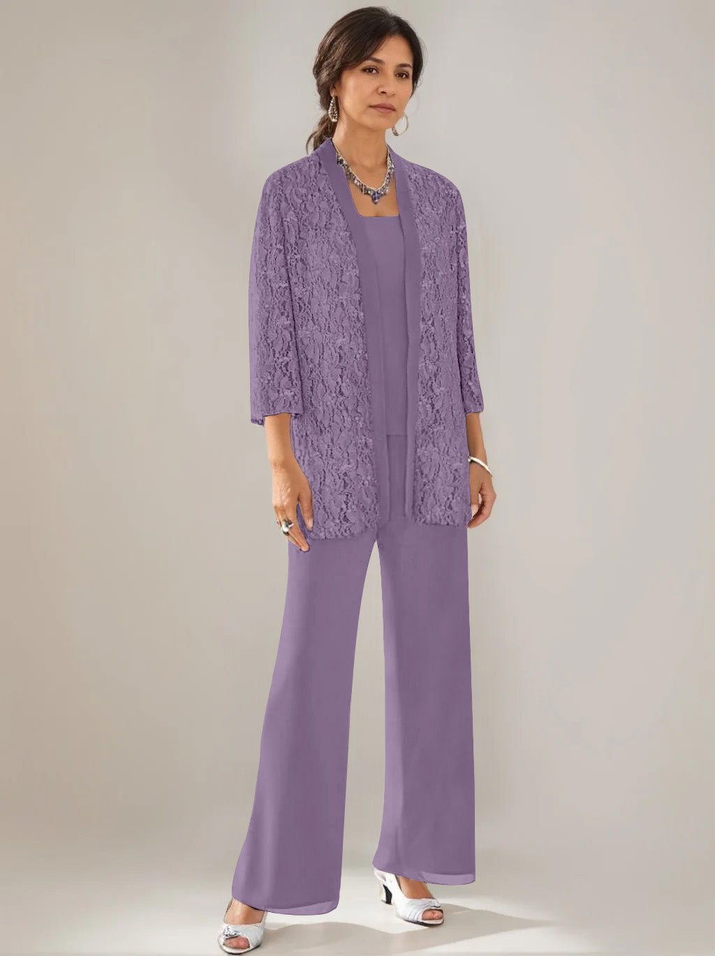 3 Pieces Scoop Neck 3/4 Sleeves Ankle-Length Mother of the Bride Pantsuits with Lace