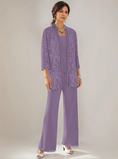 3 Pieces Scoop Neck 3/4 Sleeves Ankle-Length Mother of the Bride Pantsuits with Lace