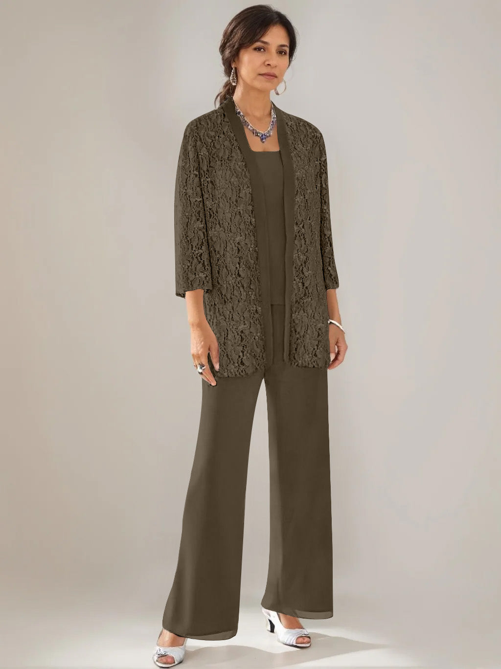 3 Pieces Scoop Neck 3/4 Sleeves Ankle-Length Mother of the Bride Pantsuits with Lace