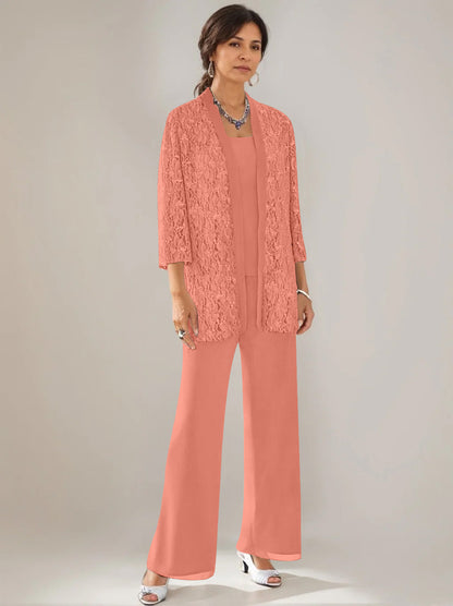 3 Pieces Scoop Neck 3/4 Sleeves Ankle-Length Mother of the Bride Pantsuits with Lace