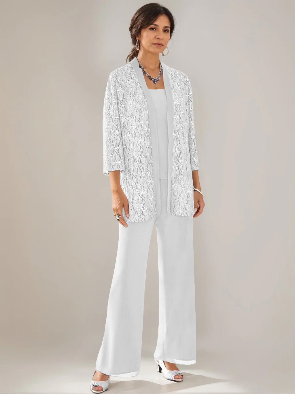 3 Pieces Scoop Neck 3/4 Sleeves Ankle-Length Mother of the Bride Pantsuits with Lace