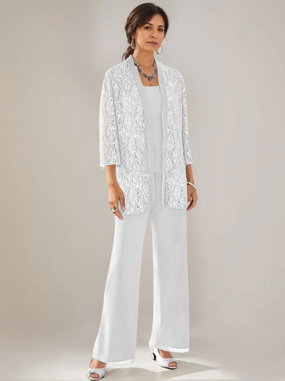 3 Pieces Scoop Neck 3/4 Sleeves Ankle-Length Mother of the Bride Pantsuits with Lace