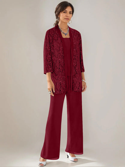 3 Pieces Scoop Neck 3/4 Sleeves Ankle-Length Mother of the Bride Pantsuits with Lace