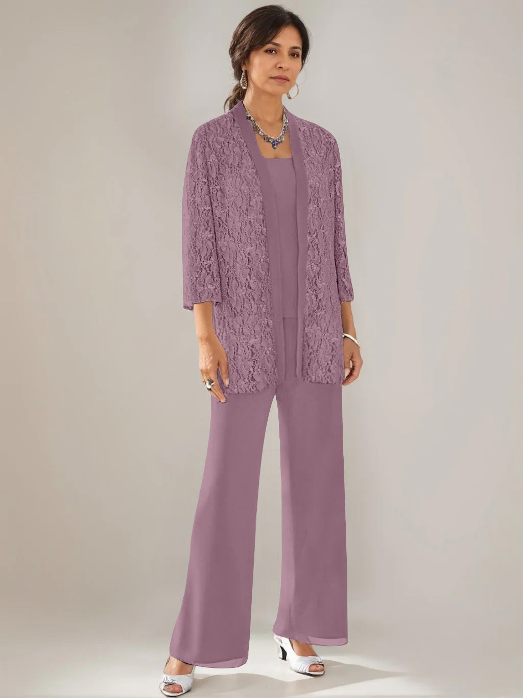 3 Pieces Scoop Neck 3/4 Sleeves Ankle-Length Mother of the Bride Pantsuits with Lace