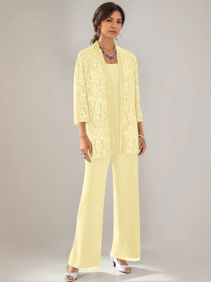 3 Pieces Scoop Neck 3/4 Sleeves Ankle-Length Mother of the Bride Pantsuits with Lace