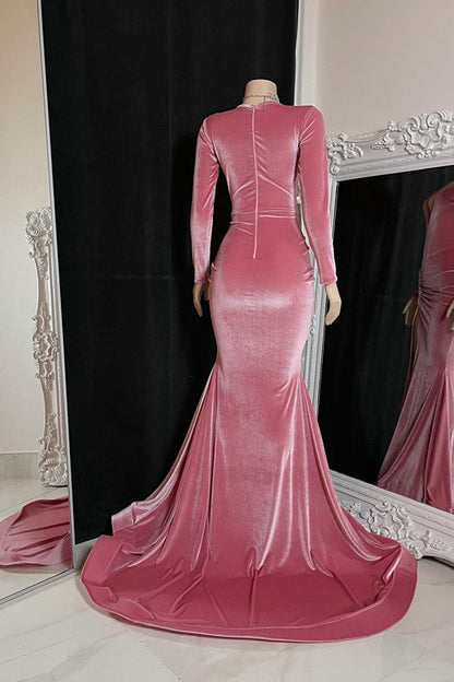 Simple Red V-Neck Prom Dress Long Sleeves Mermaid Velvet with High Slit