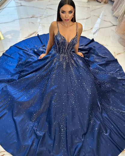 Navy Blue Spaghetti-Straps Beaded Long Prom Dress