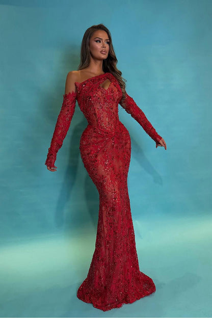 Asymmetric Neck One Shoulder Long Sleeves Long Mermaid Prom Dress