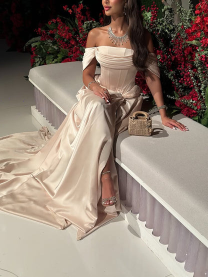 Off the Shoulder A-Line Side Slit Sleeveless Floor-Length Evening Dress