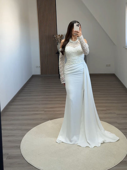 Dusty Sage Long Sleeves Off-Shoulder Feathers Evening Dress