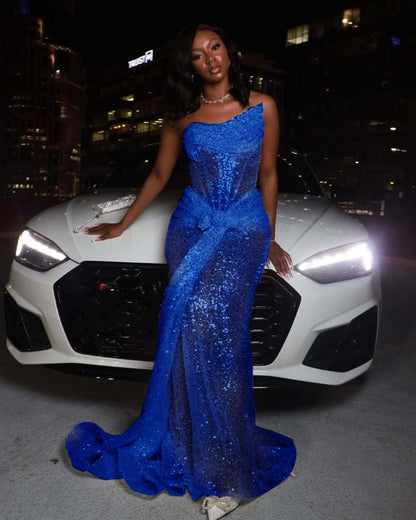 Asymmetric Strapless Sleeveless Long Pleated Mermaid Prom Dress