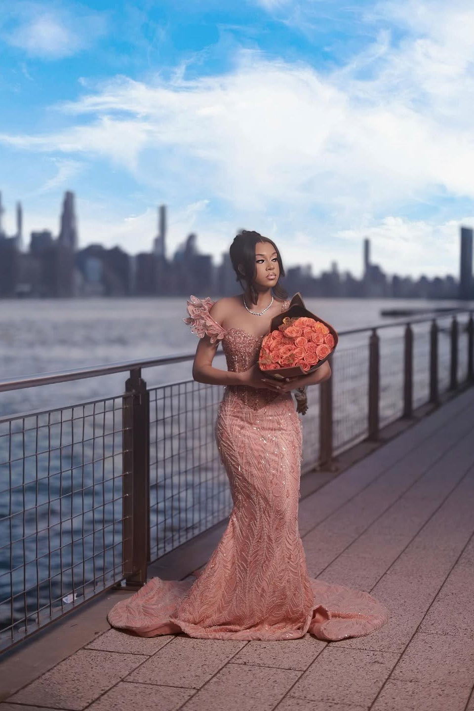 Coral Pink Sweetheart Straps Mermaid Prom Dress With Beadings