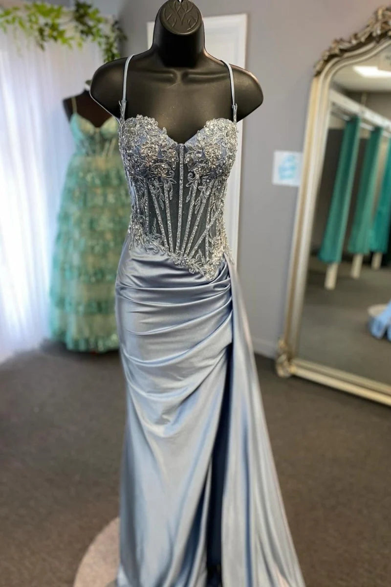 Split Spaghetti Straps Appliqued Mermaid Prom Dress