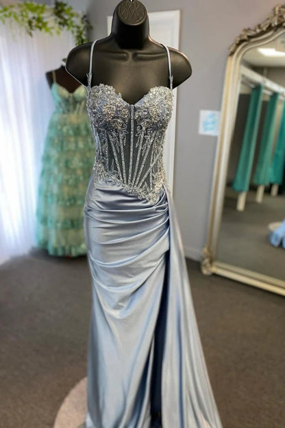 Split Spaghetti Straps Appliqued Mermaid Prom Dress