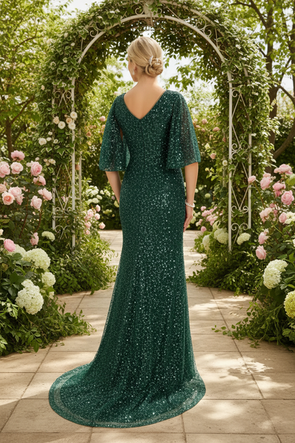 Emerald Green Sequin Flutter Sleeve Evening Gown