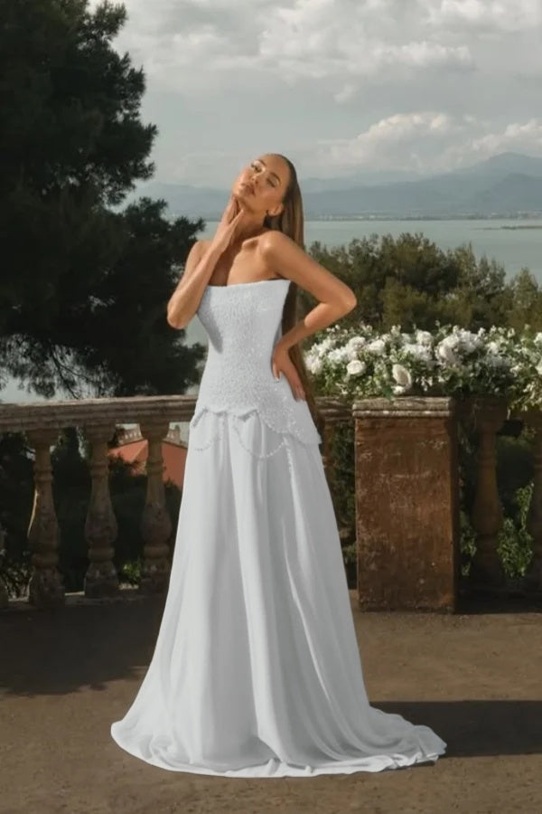 Chiffon Strapless Sleeveless Long A-Line Prom Dress With Beadings And Pearls