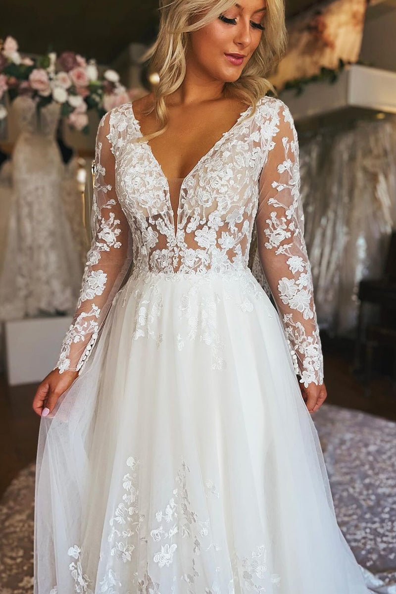Charming A-Line V Neck Long Sleeve Tulle Lace Wedding Dress