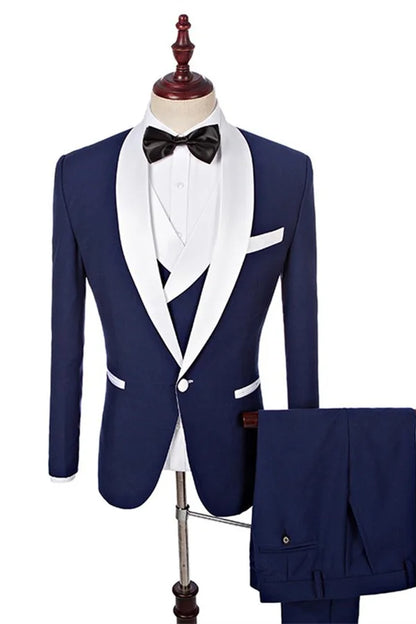 One Button Navy Blue Fashion Slim Fit Three Pieces White Shawl Lapel