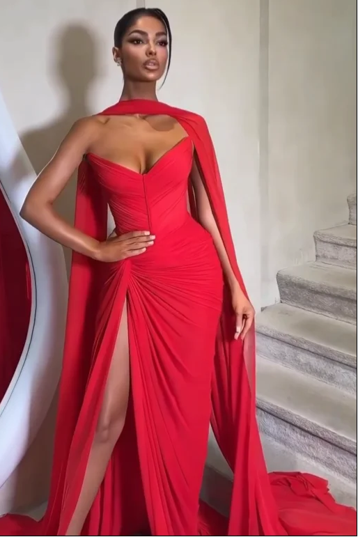 Red Strapless Sleeveless High Waist Long Prom Dress