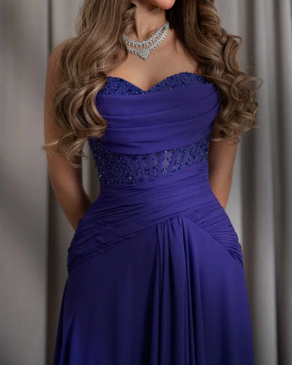 Purple Sweetheart Beaded Pleated Prom Dress