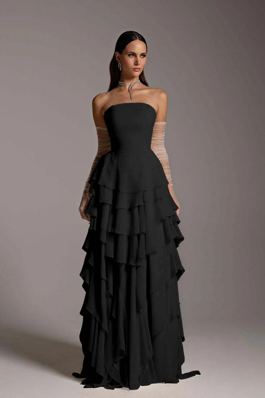 Chiffon Strapless Ruffles Elegant Prom Dress With Tulle Gloves