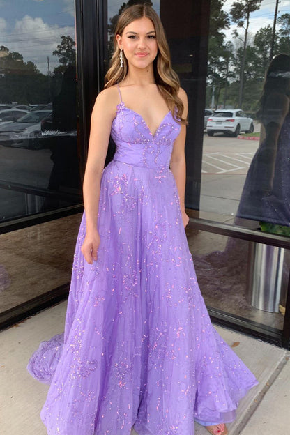 A-Line V Neck Lilac Tulle Long Prom Dress with Sequins