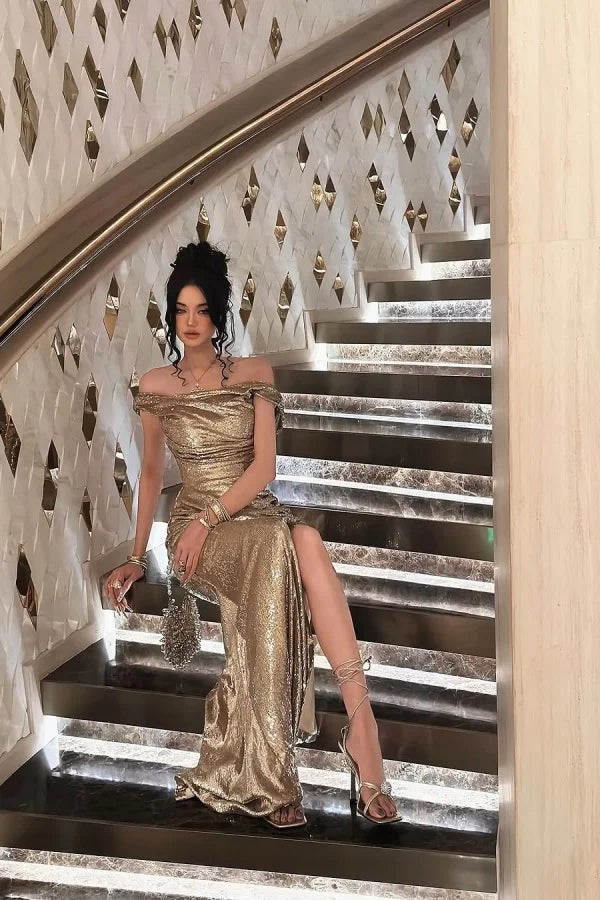 Champagne Solid Sequins Split Prom Dress