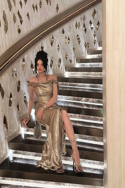 Champagne Solid Sequins Split Prom Dress