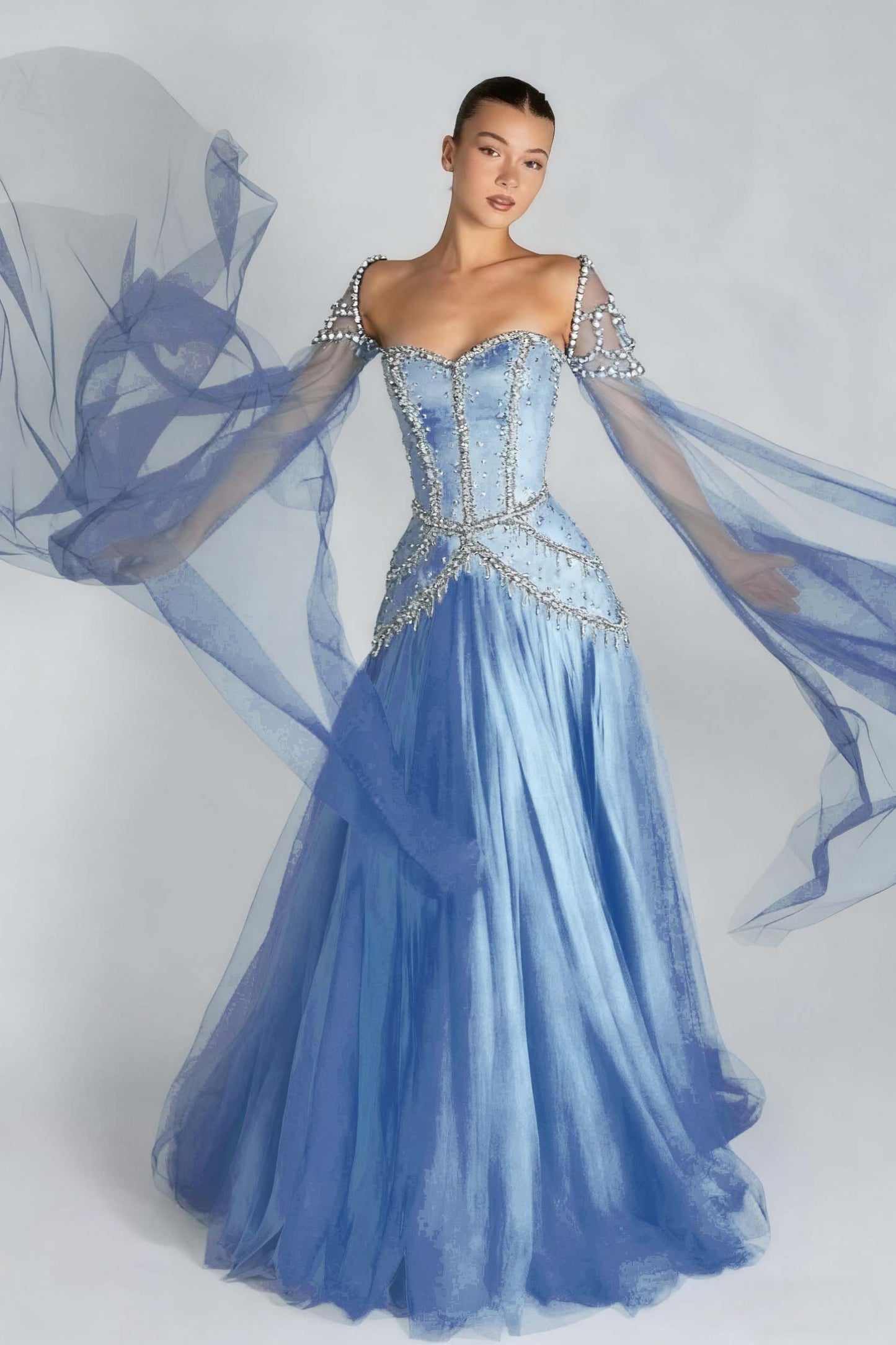 Long Sleeves Sweetheart Long A Line Prom Dress With Pleated Beading