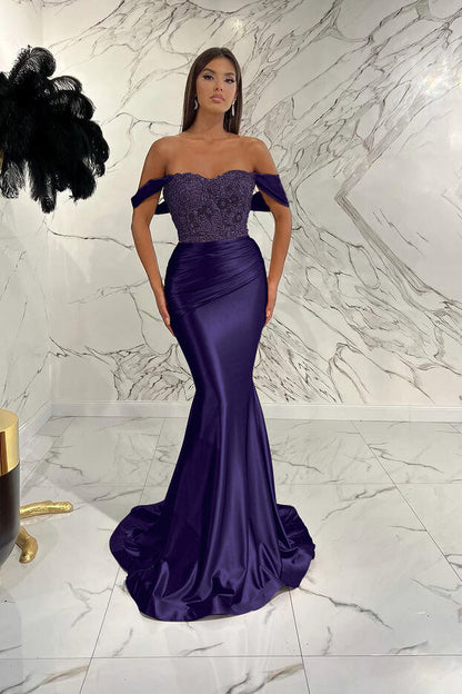 Gorgeous Off the Shoulder Prom Dress Mermaid Sequined Evening Formal Dress With Beading Pleated