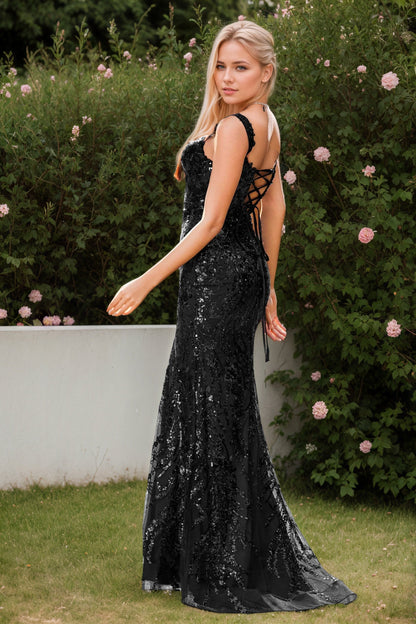 Sheath Lace Up Sequins Applique Mermaid Prom Dress