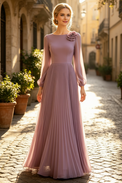 Elegant Bateau Neck Long Sleeve Pleated Chiffon Formal Dress with 3D Shoulder Flower