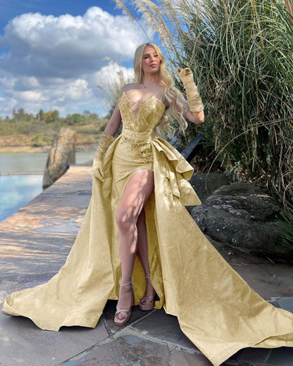 Asymmetrical-Neck Sleeveless Sequined Beaded Glitter-Satin Mermaid Prom Dress with Overskirt